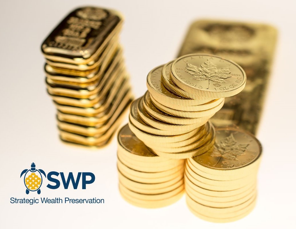 Stacked gold coins and gold bars beside the Strategic Wealth Preservation (SWP) logo, representing global precious metals delivery and secure storage across international vaults
